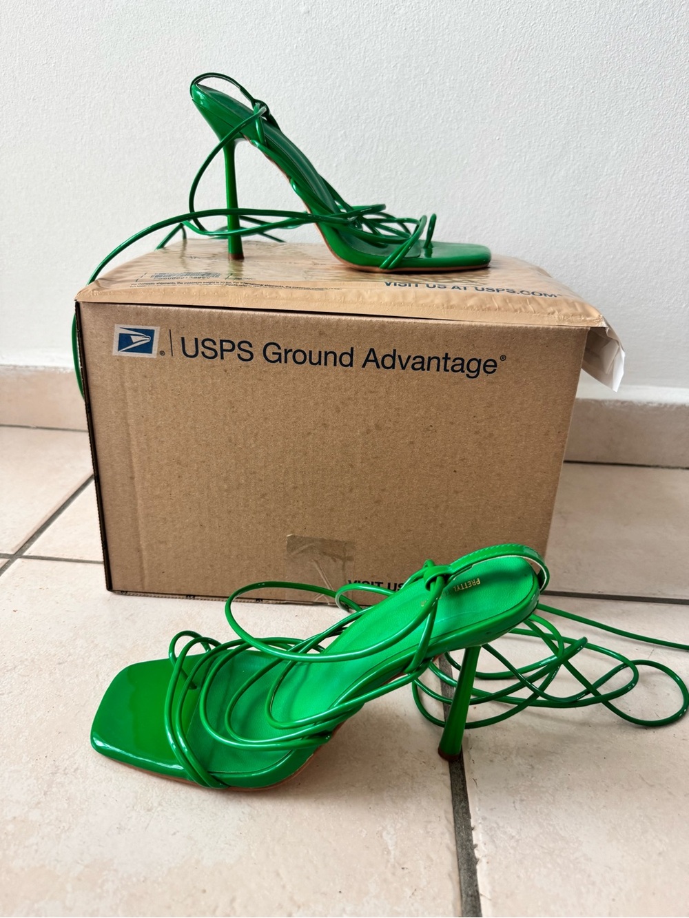 PrettyLittleThing Green Lace-Up Stiletto Sandals
